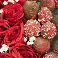 Roses And Chocolate Covered Strawberries · Chocolate Covered Strawberries and Roses presented in a gift box.
