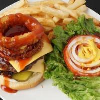 3 Brothers Burger · Double beef patties, double cheese, 2 onion rings, BBQ sauce, cheese, pickles, lettuce tomat...