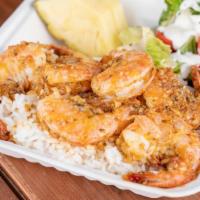 Garlic Butter Shrimp · Gluten-Free. Sauteed in garlic butter sauce. Served over rice, side salad, and 2 pineapple w...
