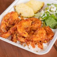 Spicy Garlic Shrimp · Spicy. Gluten-Free. Sauteed in spicy garlic sauce served over rice, side salad, and 2 pineap...