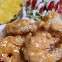 Bang-Bang Shrimp · Spicy. Deep fried and serve with spicy mayo sauce over bed of rice with side salad and pinea...