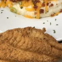 Catfish & Grits · (FRI - SUN ONLY) Catfish filet with a bowl of grits, topped with cheddar cheese, Applewood s...