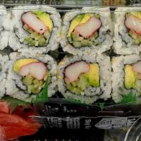 California Roll (8) · Gluten-free. Crabmeat, avocado & cucumber. Served with ginger and wasabi.