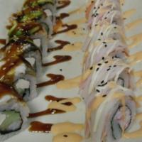 Black Dragon Roll (8) · Gluten-free. Crabmeat, cream cheese, cucumber wrapped topped with eel. Served with ginger an...
