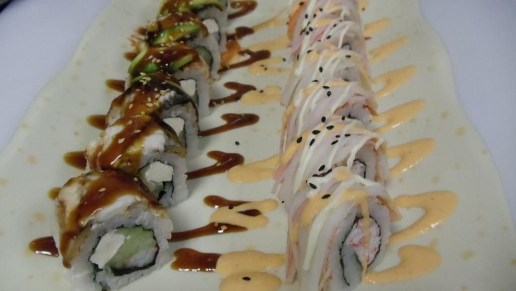 Black Dragon Roll (8) · Gluten-free. Crabmeat, cream cheese, cucumber wrapped topped with eel. Served with ginger and wasabi.