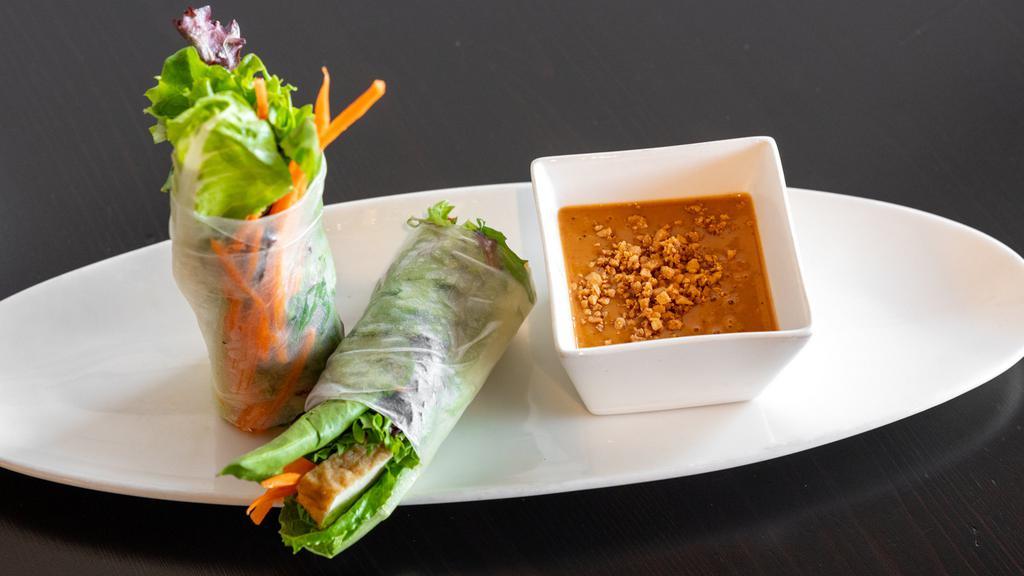 Tofu Fresh Rolls (2 Pieces) · Tofu, carrots, cilantro, mint, basil, fresh mix spring, romaine, wrapped in rice paper served with peanut sauce.