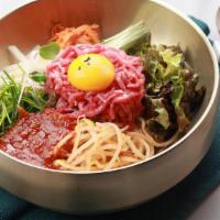 Yookhwe Bibimbap 육회비빔밥 · Julienned raw beef tenderloin & vegetable in sesame seasoning & spicy sauce