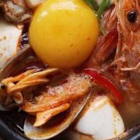 Seafood Tofu Soup 해물 순두부 · Soft tofu soup with seafood