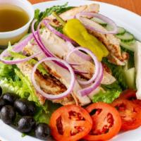 Greek Salad With Grilled Chicken · Tomatoes, cucumber, onion, and olives.