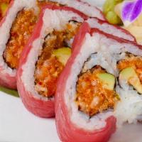Sweetheart Roll · Spicy tuna, crunch, and avocado inside, wrapped with soybean paper, and tuna on top.