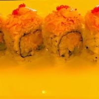 Naked Girl Roll · Lobster salad, cucumber, an avocado inside, top with spicy shrimp, spicy crab and tobiko.