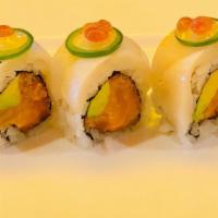 Rattlesnake Roll · Spicy salmon inside, white tuna, jalapeño, and salmon roe on top with wasabi mayo, and ponzu...