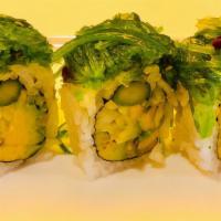 Osaka Green Volumes · Cucumber, avocado, mango,asparagus inside, and seaweed salad on top.