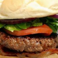 Hamburger · Single beef burger with lettuce, tomato and red onion plus 1 side.