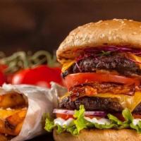 Fiesta Cheeseburger · Single beef burger with bacon, American cheese,  grilled onions and peppers, lettuce and tom...