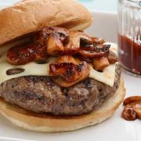 Shroom And Onion Burger · Single beef burger with grilled onions and mushrooms, Mozzarella cheese,  lettuce, tomato an...