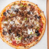 New York Village Pizza · Pepperoni, sausage, mushrooms, black olives, bell pepper, Canadian bacon, hamburger, and moz...