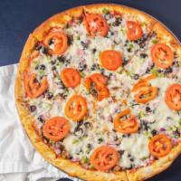 Vegetarian Pizza · Bell peppers, onions, mushrooms, black olives, tomatoes, garlic, and mozzarella cheese.
