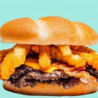 Beast Bacon Fry Burger · Double Seasoned Patty With Crispy Fries, Bacon, Melted Cheddar Cheese, Ketchup & Mayo on A T...
