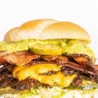 Dream Burger · AVOCADO, Double Seasoned Patties with Melted Cheddar Cheese, Bacon, Lettuce, Mayo & Pickles ...