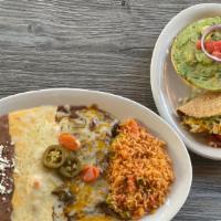 Pancho Villa · Cheese enchilada, soft cheese taco, guac tostada, beef taco served with beans and rice.
