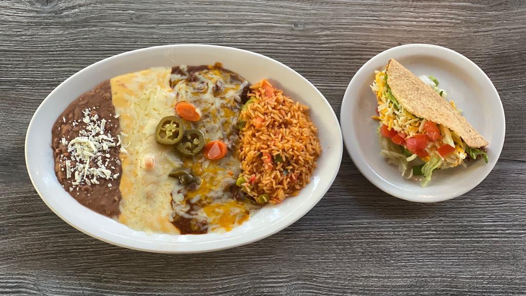 Saltillo · Cheese enchilada, soft cheese taco, beef taco, served with beans and rice.