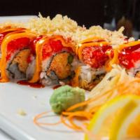 Izumi Roll · Asparagus, spicy crab and crunchy inside, top with spicy tuna and eel sauce and spicy mayo s...