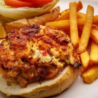 Crab Cake Sandwich · Broiled (4 oz) and served with lettuce, tomato, onion on kaiser roll. Served with fries.