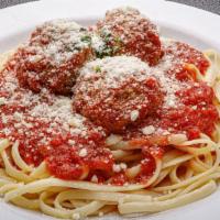 Meatballs · Linguini or penne with meatballs (3) and tomato sauce, Parmesan. Served with a house salad, ...