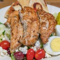 Mykonos Salad · Greek salad with chicken, house vinaigrette. Served with pita.