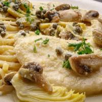 Chicken Piccata · Artichokes, mushrooms, capers, white wine, cream, Parmesan with linguine, garlic bread. Serv...