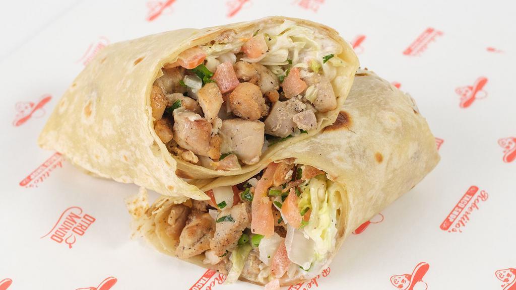 Grilled Chicken Burrito · Grilled chicken, Cabbage, Pico de Gallo, and our House sauce.