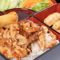 Bento Box · Served with vegetable roll (2 pieces), fried dumplings (3 pieces), and garden salad.