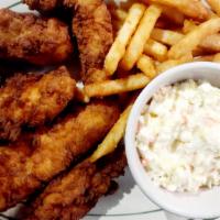 Large Combo (5 Strips) · Five hand-breaded chicken strips fried to perfection. Served with fries, slaw and a dipping ...