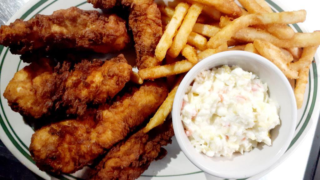 Large Combo (5 Strips) · Five hand-breaded chicken strips fried to perfection. Served with fries, slaw and a dipping sauce of your choice.
