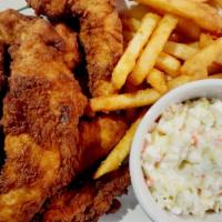Jumbo Combo (7 Strips) · Seven big hand-breaded chicken strips with fries, slaw and a dipping sauce of your choice.