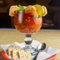 Shrimp Cocktail · A signature Mexican dish. Tasty shrimp served in spicy tomato juice, fresh lime juice, pico ...