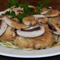 Chicken Marsala Dinner* · Sauteed tender chicken smothered with mushrooms and rich Marsala wine. Served with spaghetti.