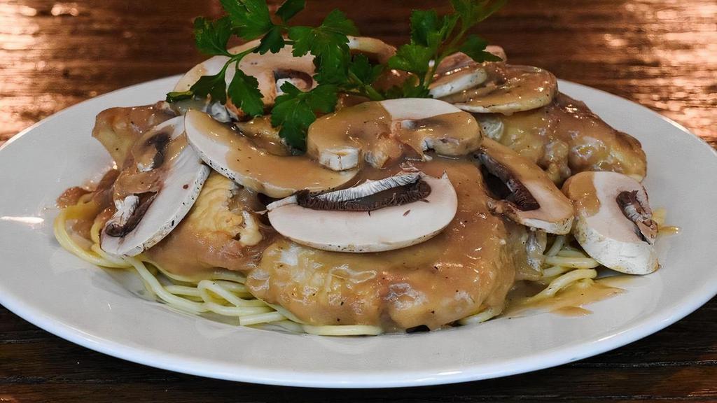 Chicken Marsala Dinner* · Sauteed tender chicken smothered with mushrooms and rich Marsala wine. Served with spaghetti.