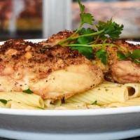 Chicken Oreganata* · Boneless chicken, Italian Bread Crumbs, Garlic & oil, Over Rigatoni