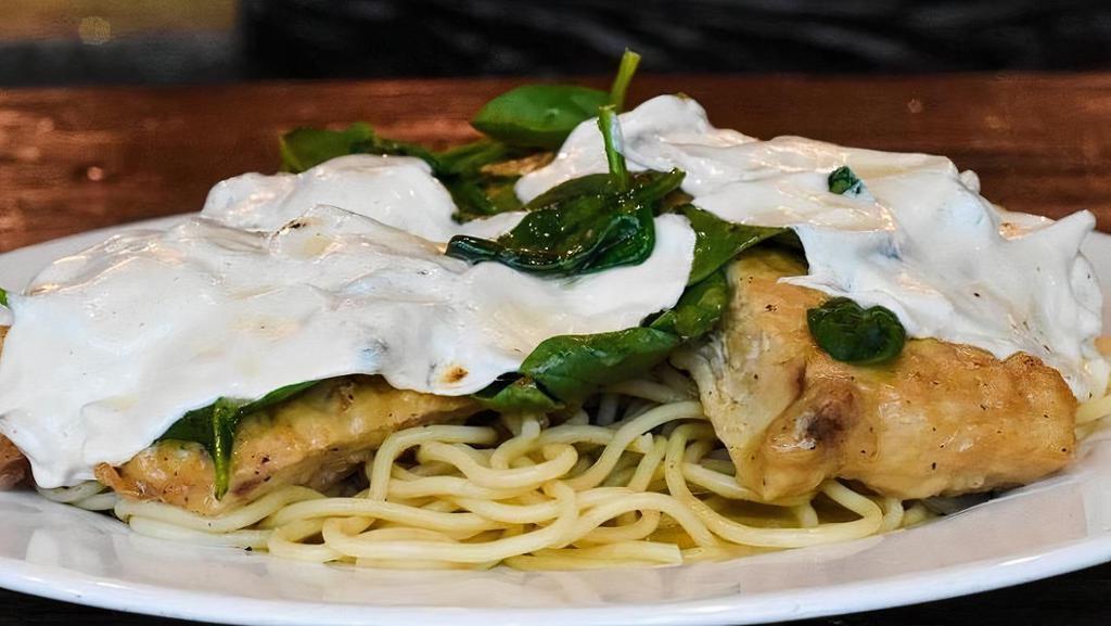 Chicken Florentine* · W/ lemon & Butter, Topped w/ Spinach & Melted Mozzarella Cheese. Served Over Spaghetti