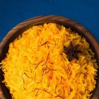 Saffron Rice · Our long grain aromatic basmati rice, steamed to perfection and saffron-scented.