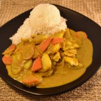 34 Yellow Curry · Spicy. (w/Rice) Coconut milk based, turmeric curry with potatoes, carrots and onions.