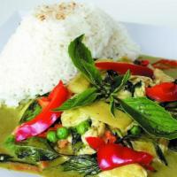35 Green Curry · Spicy. (w/Rice) Coconut milk based, green chili curry with bell peppers, bamboo shoots, zucc...