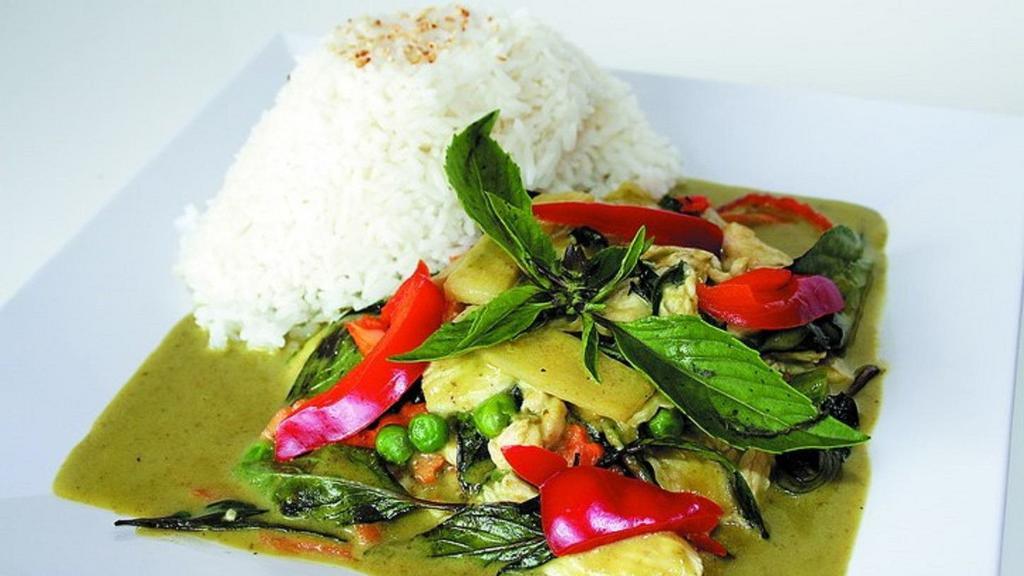 35 Green Curry · Spicy. (w/Rice) Coconut milk based, green chili curry with bell peppers, bamboo shoots, zucchini, carrots basil and green peas.