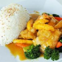 31 Mango Chicken · (w/ Rice) Breaded Chicken in Mango Sauce with Broccoli and Carrots