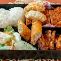 Bento Box · With choice of chicken katsu or beef teriyaki & it comes with chicken teriyaki, one piece eg...