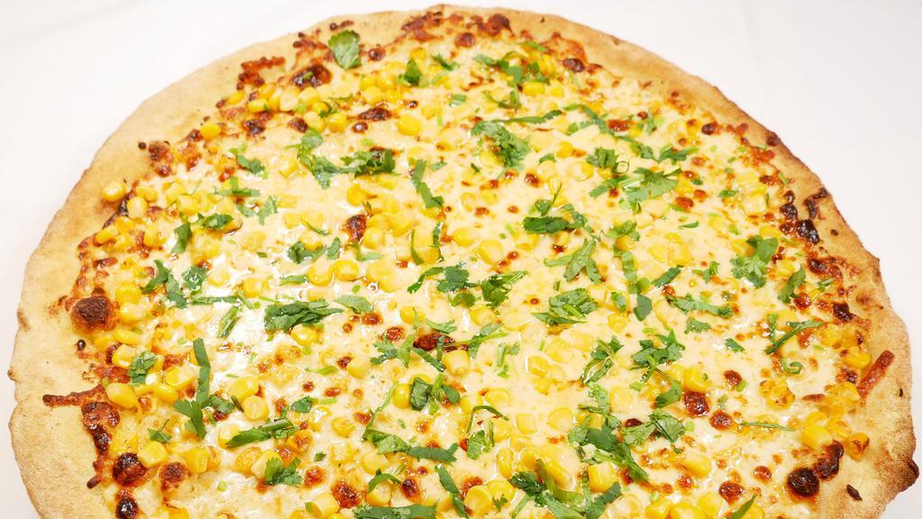 Elote · Elote Pizza is everything you love about elote piled onto housemade ultra  crust original! grilled elote corn, chipotle mayo queso blanco base, cilantro, and lots of Freshly shredded cheese,mozzarella,parmesan cheese!