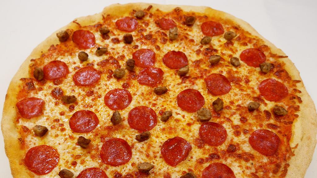 Pepperoni & Sausage · melted cheese, pepperoni, sausage,  perfectly delicious  crust! This pizza is everything that you want in pizza.