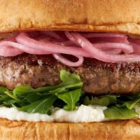 Lamb Burger · Grass-fed lamb, creamy feta, arugula, pickled red onion